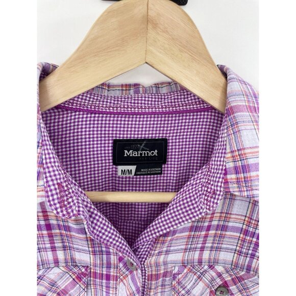 Marmot Women's‎ Purple Plaid Button Up Collared Roll Tab Sleeve Shirt Sz M - Picture 4 of 10